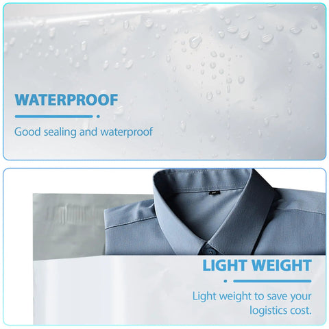 Close-up of 12x15.5 Inch White Poly Mailers 100 Pack With Tough Self Seal Adhesive, showing waterproof feature and shirt inside.