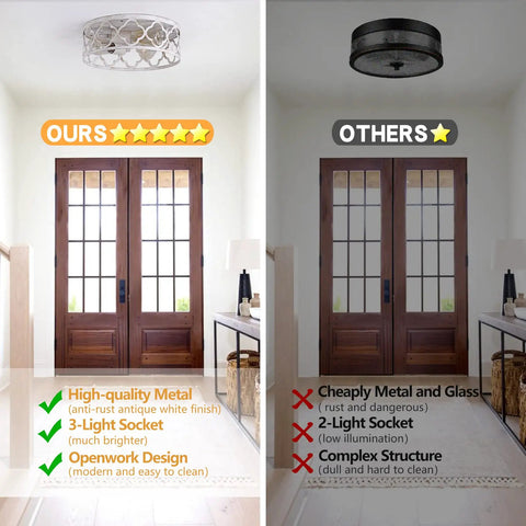Comparison of Rustic 13 Inch Flush Mount Ceiling Light Three Light Farmhouse Fixture In Antique White Finish with another fixture.
