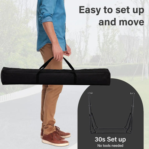 Man carrying a portable bag with 2 In 1 Hammock With Stand For Outdoors Portable Heavy Duty Steel Frame Supports Up To 480 Lbs Easy Setup In Minutes Black Multi Functional Swing Chair.