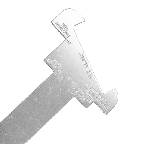 Close-up of the 9 Inch Aluminum Shellfish Gauge With Clip Rugged Lightweight Measuring Tool for Abalone Lobster Clam Sea Fishing