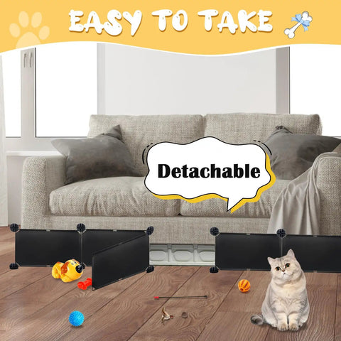 21 Piece Under Bed Blocker For Pets And Toys Total Storage Space Saver Flexible Pet Guard Barrier shown detaching from sofa with toys.