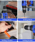20V Cordless Drill Kit With Battery And Charger All In One Set 30 Nm Torque 21 Plus 1 Clutch Three Eighths Inch Keyless Chuck Bright LED Work Light Complete Drill And Driver Bit Set Blue used for drilling metal, wood, corners, and screws in various tasks.