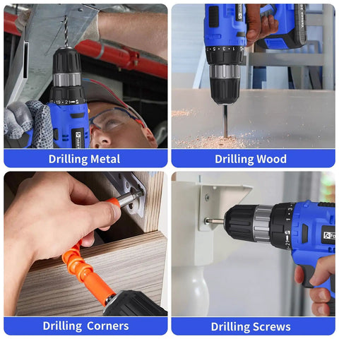 20V Cordless Drill Kit With Battery And Charger All In One Set 30 Nm Torque 21 Plus 1 Clutch Three Eighths Inch Keyless Chuck Bright LED Work Light Complete Drill And Driver Bit Set Blue used for drilling metal, wood, corners, and screws in various tasks.