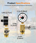 Brass air release valve side view with black top cap and threaded brass outlet

Brass air release valve with pressure gauge for pool filters; front view shows gauge and fittings