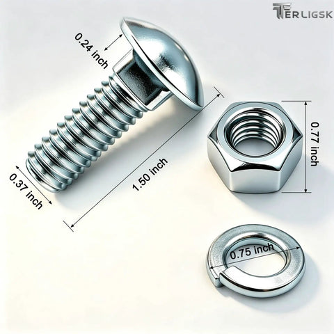 Rustproof Chrome Bumper Bolts Kit 7/16-14 By 1-1/4 Inch Carriage Bolts With Nuts And Lock Washers, 4 Sets, Heavy Duty Chrome Plated Steel For Ford F-150 F-250 F-350 Mustang Front And Rear Bumper Replacement. chrome bolt and nut size diagram