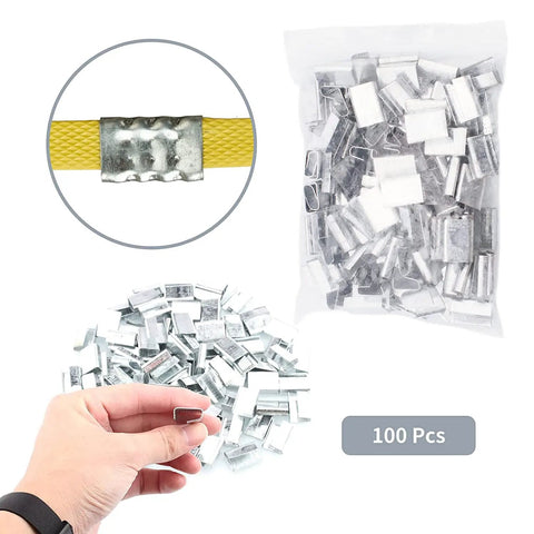 Built Like A Tank Rock Solid Polyester Strapping Half Inch By Three Twenty Feet Roll Offering Seventeen Sixty Five Pound Pull Power With One Hundred Steel Seals For Easy Outdoor Tying Work, 100 steel seals in bag.