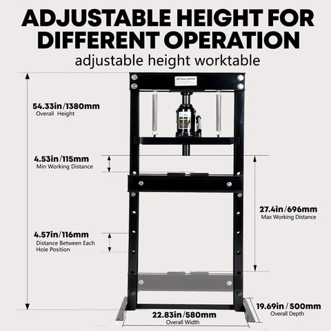 Heavy Duty 20 Ton H Frame Hydraulic Shop Press With Adjustable Table Steel Frame dimensions diagram showing height, width, and working distances.