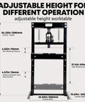 Heavy Hitter 20 Ton Hydraulic H Frame Shop Press For Garage Mechanics And Auto Repair With Adjustable Table and Stamping Plates dimensions and features diagram.
