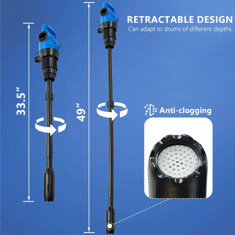 Heavy Duty Electric Drum Pump 5 GPM Fast Pour Setup Plug And Play For Diesel Def Water Antifreeze Motor Oil Chemicals No Hassle Operation 2 Inch Bung Adapter 110V 240V Ac Dc with adjustable shaft and anti-clogging design.