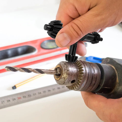 Four In One Drill Chuck Key Set With Quick Swap Wrench For Electric Drills Set Includes Three Eighths Half Three Quarters And Full Size Built Legit For Daily Grind Sessions, in use to swap bits on a drill.