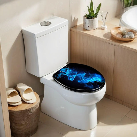 Novelty Elongated Resin Toilet Seat for Bathroom with blue smoke design installed on a white toilet.