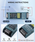 Tough As Nails Heavy Duty 120W 24V LED Power Supply Driver For Strip Lights CCTV Computers And Displays With 100-240V AC Input And 24V DC Output Aluminum Heat Sink For Solid Heat Dissipation IP20 Rated wiring diagram and terminal connections