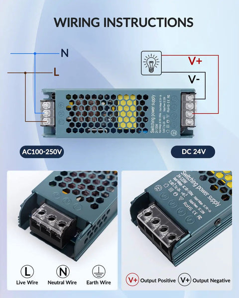 Tough As Nails Heavy Duty 120W 24V LED Power Supply Driver For Strip Lights CCTV Computers And Displays With 100-240V AC Input And 24V DC Output Aluminum Heat Sink For Solid Heat Dissipation IP20 Rated wiring diagram and terminal connections