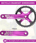 Pro Grade Aluminum 42T Mountain Bike Crankset One Piece 170mm Arm 104 BCD Fits Single Speed And 6 To 11 Speed MTB Purple with Dimensions