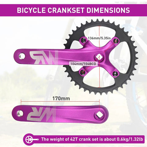 Pro Grade Aluminum 42T Mountain Bike Crankset One Piece 170mm Arm 104 BCD Fits Single Speed And 6 To 11 Speed MTB Purple with Dimensions