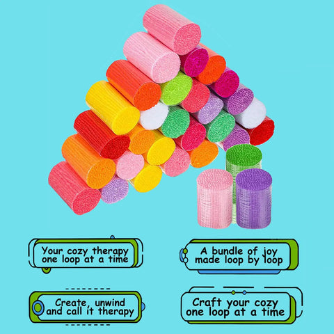 Colorful yarn rolls for Beginner Friendly Latch Hook Rug Kit For Adults, 12 Inch Small And Large Kits With Animal And Flower Patterns.