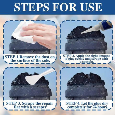 Steps for using Shoe Sole Repair Glue For Heel Wear And Cracking, Heavy Duty Adhesive For Rubber TPU Oxford PU EVA Leather Soles