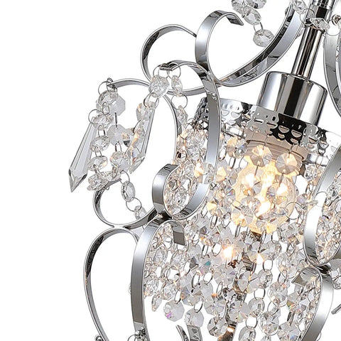 Close-up of Plug In Chrome Crystal Chandelier With 14.3 Ft Cord And On Off Switch, shimmering crystals and chrome details, E26 base