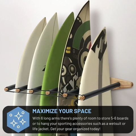 Tough As Nails Vertical Surfboard Rack Wall Mount With Six Reinforced Arms Holds Five To Six Boards Crack Resistant Design Upgraded 2025 Specs Saves Garage Space For Serious Boarders