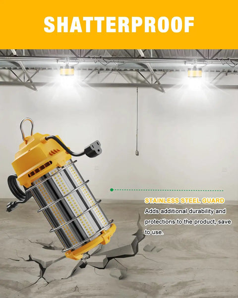 Ultra Bright LED Temporary Work Light 150W 5000K Daylight White with stainless steel cage on construction site