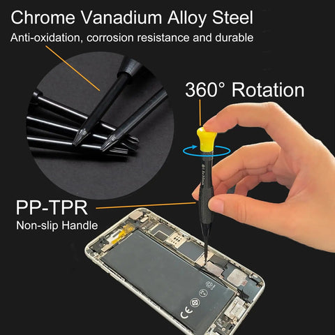 Using the 18-Piece Mini Precision Screwdriver Kit With Magnetic Case Featuring Flathead Phillips Torx Pentalobe Bits And Tweezers for phone repair.