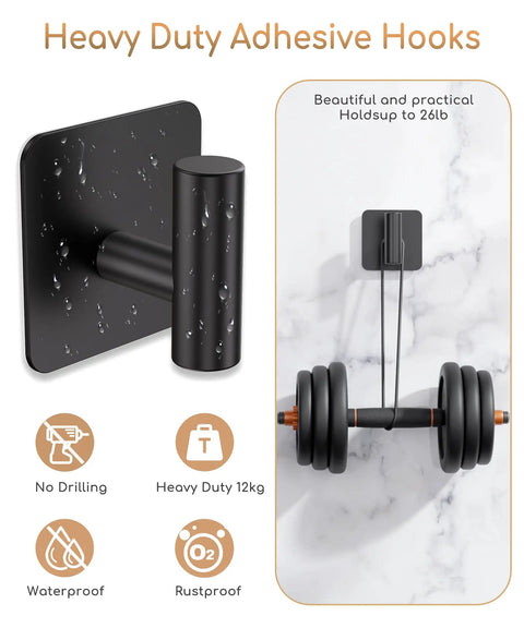 Heavy-duty matte black wall hook handling weights, part of 4 Pack Heavy Duty Wall Hooks Set With 26lb Max Load, Self Adhesive Stainless Steel Towel Hooks For Bathroom Kitchen Door, Hang Towels Coats Robes, Matte Black, showcasing no-drill installation and water resistance.