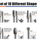 Front view: 10 tungsten carbide burrs with 1/4" shanks in assorted shapes for metal, wood and stone engraving.