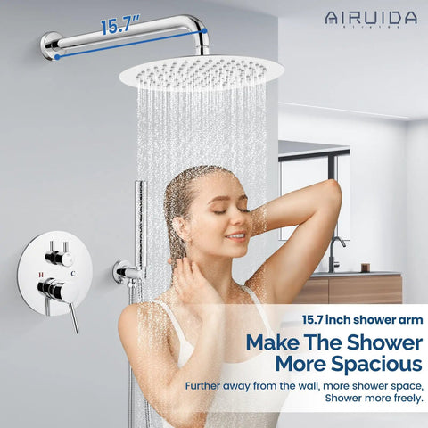 Woman enjoying High Pressure 12 Inch Rainfall Shower Head Set With Boss-Grade Brass Rough-In Valve, Chrome Finish, SUS304 Head