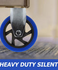 Hassle Free Heavy Duty Directional Plate Casters Featuring 5 Inch Black Rubber Wheels And Silent Non Swivel Design For Dead Simple Rolling On Trolleys Workbenches And Shop Carts with blue wheel close-up.