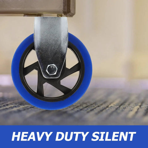Hassle Free Heavy Duty Directional Plate Casters Featuring 5 Inch Black Rubber Wheels And Silent Non Swivel Design For Dead Simple Rolling On Trolleys Workbenches And Shop Carts with blue wheel close-up.