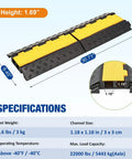 Two Pack Two Channel Cable Ramp Set With 22000 Lb Axle Capacity, heavy-duty rubber ramps, black and yellow, dimensions labeled