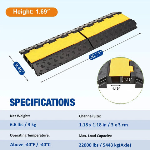 Two Pack Two Channel Cable Ramp Set With 22000 Lb Axle Capacity, heavy-duty rubber ramps, black and yellow, dimensions labeled