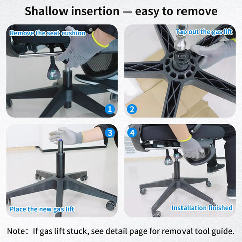 Image sequence showing how to swap out the saggy stem on office chairs using this heavy duty class four gas cylinder.