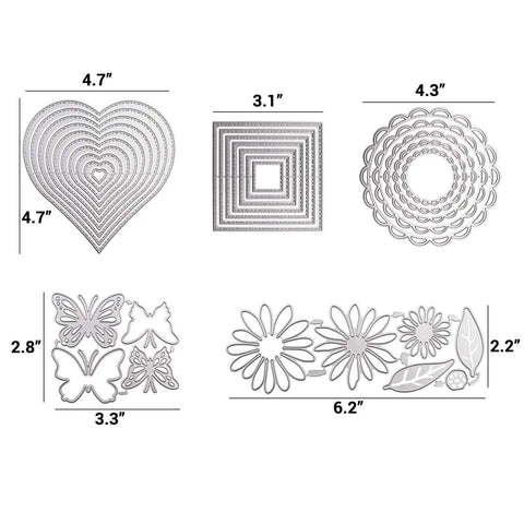 Five Set Metal Cutting Dies And Stencil Kit With Thirty Two Pcs Templates For Scrapbooking And Card Making Heart Round Square Butterfly Flower Shapes Multi Shape Embossing Tools For Album Art And Mothers Day Cards displayed on white background.