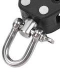 Close-up of Beefy Nylon Wheel Marine Pulley 50mm Stainless Steel Bearing Single Swivel Sailing Block with metal shackle detail.