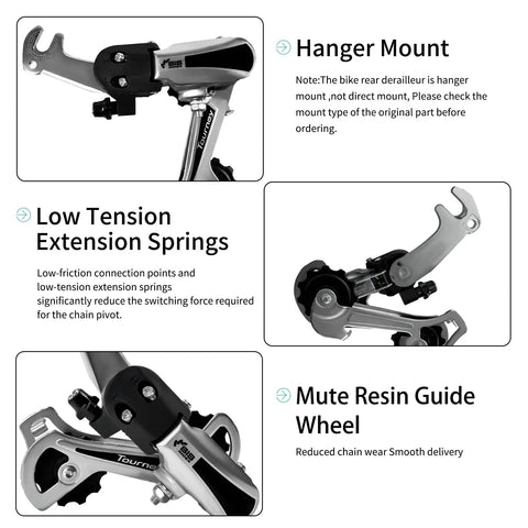 Close-up of 6/7 Speed Derailleur Hanger Mount for Mountain Tricycle Commuter and Cruiser Bikes in silver with highlighting features