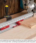 Micro Adjustable Miter Fence Stop System With Combo Track And Quick Flip Stops To Nail Your Cuts On Any Miter Saw Made In Usa Zero Hassle Precision Setup with wood piece and measurement scale
