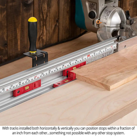 Micro Adjustable Miter Fence Stop System With Combo Track And Quick Flip Stops To Nail Your Cuts On Any Miter Saw Made In Usa Zero Hassle Precision Setup with wood piece and measurement scale