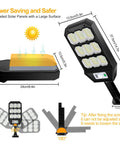 Dimensions and features of 4 Pack Solar Street Lights Outdoor 279 LED Waterproof Wall Lights With 3 Modes shown.