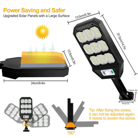 Dimensions and features of 4 Pack Solar Street Lights Outdoor 279 LED Waterproof Wall Lights With 3 Modes shown.