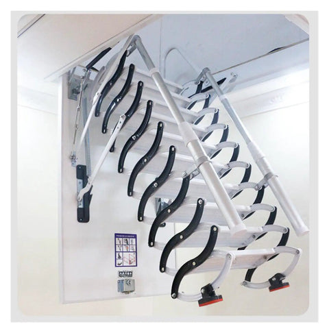Pro Grade Electric Heavy Duty Retractable Attic Ladder With Hella Tough Aluminum Frame and Wide Non Slip Steps showing sturdy steps and handrails.