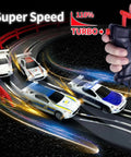 Close-up of 4 Unique Slot Cars Race Track Set for Kids Ages 4 to 12 showing cars, track curves, and remote control