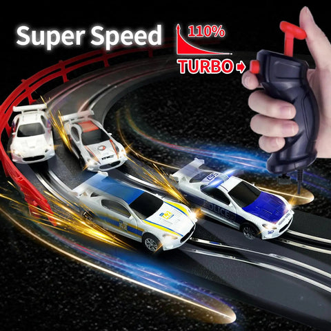 Close-up of 4 Unique Slot Cars Race Track Set for Kids Ages 4 to 12 showing cars, track curves, and remote control