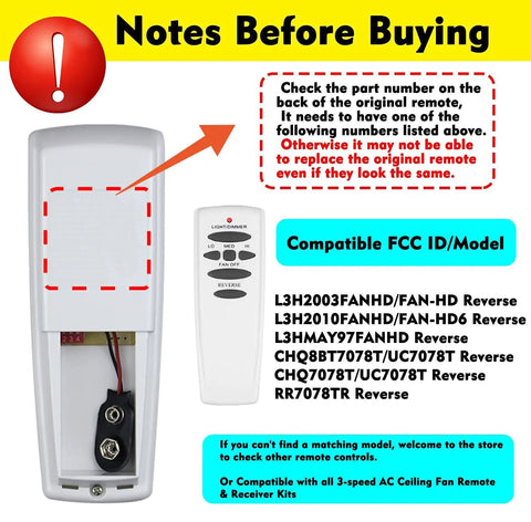 Ceiling Fan Remote Control Replacement For UC7078T And CHQ7078T, Reverse Function, A Must Have For Popular Residential Ceiling Fans, Not Universal, Requires Receiver And 9V Battery, Easy Install