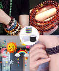 Three Rolls Of 1mm Elastic Beading String Cord, 495 Feet Total, shown with beaded bracelets and colorful hanging decor.