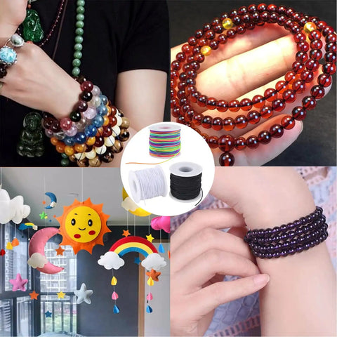 Three Rolls Of 1mm Elastic Beading String Cord, 495 Feet Total, shown with beaded bracelets and colorful hanging decor.