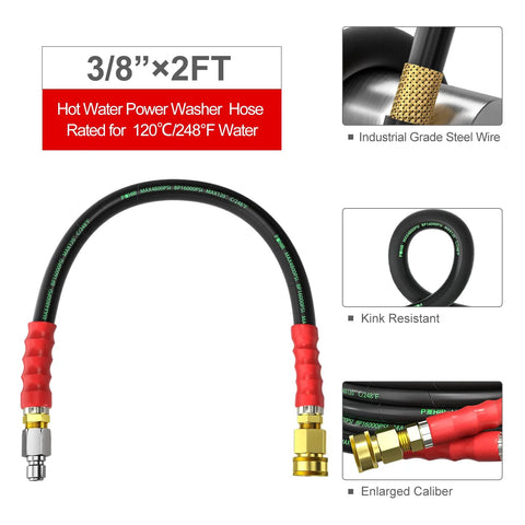 POHIR 3/8in pressure washer whip hose, 2 ft, black hose with red grips and brass fittings