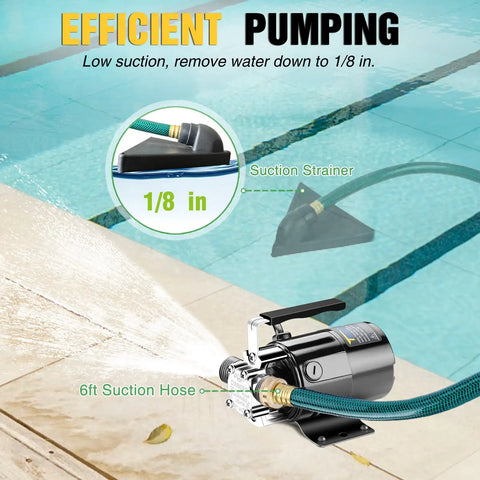 Tiny But Mighty Portable Water Transfer Pump 1/10 HP 330 GPH 115 Volt with on-off switch and hose, at poolside