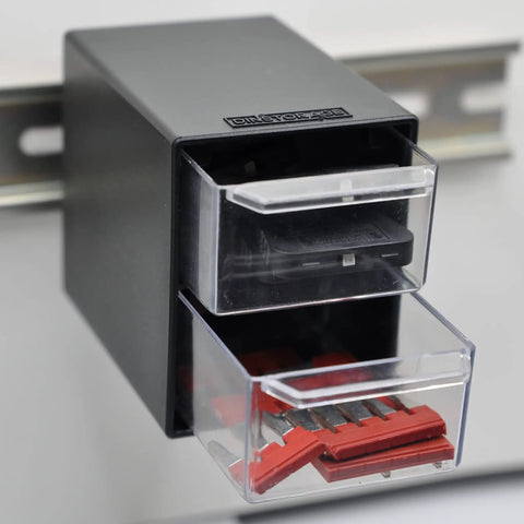 Two-Drawer Control Panel Organizer for DIN Rail Or Flat Surface With One-Click Toolless Install and adhesive mount, holding fuses.