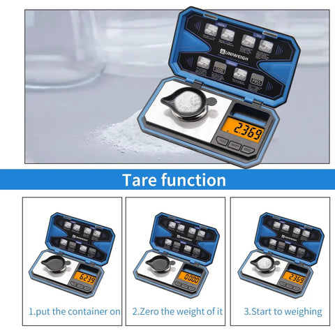 Pocket Digital Scale 200g Capacity 0.01g Precision Mini Food And Jewelry Scale with tare function steps illustrated